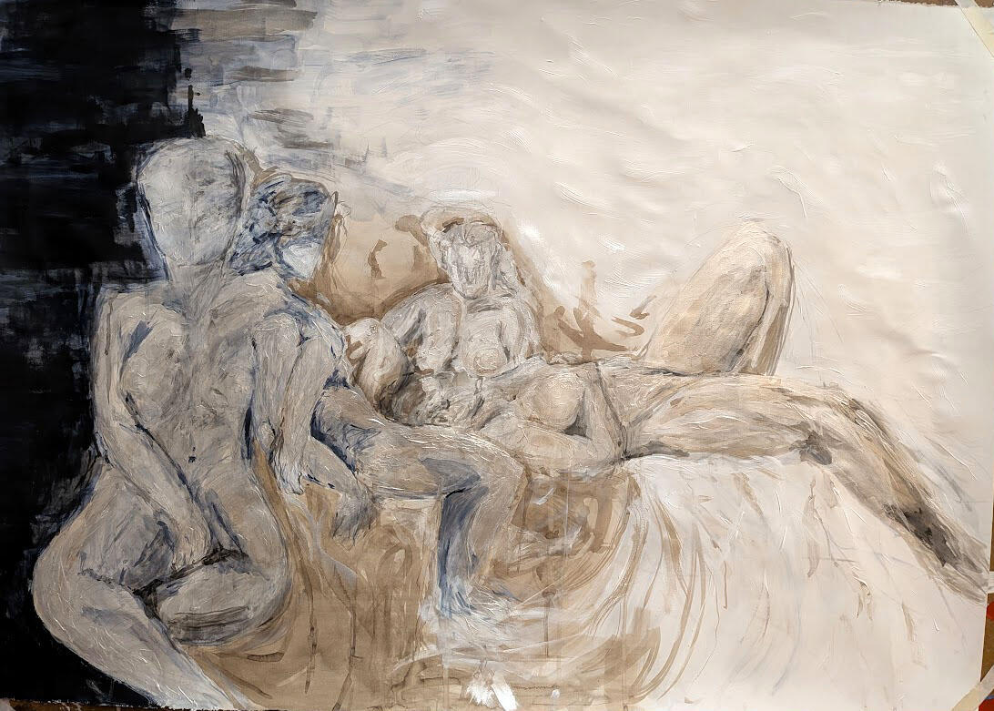 Acrylic paint & walnut/black ink